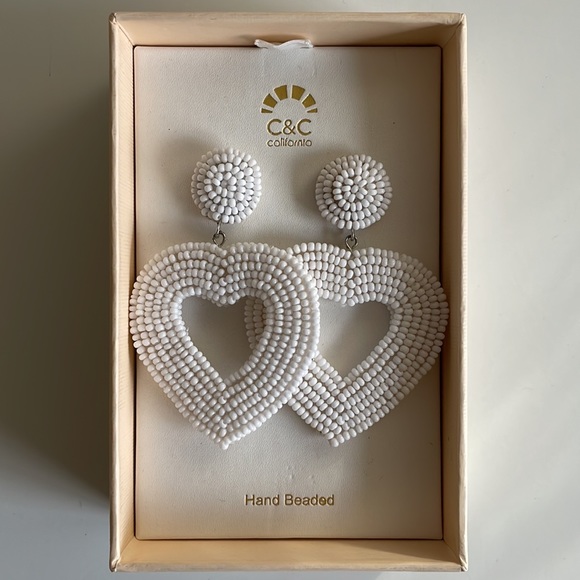 Hand Beaded White Heart Earrings - Picture 4 of 5